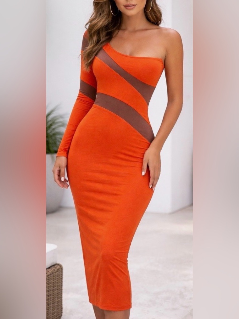 JLUXLABEL Orange One-Shoulder Bodycon Dress with Brown Cutouts